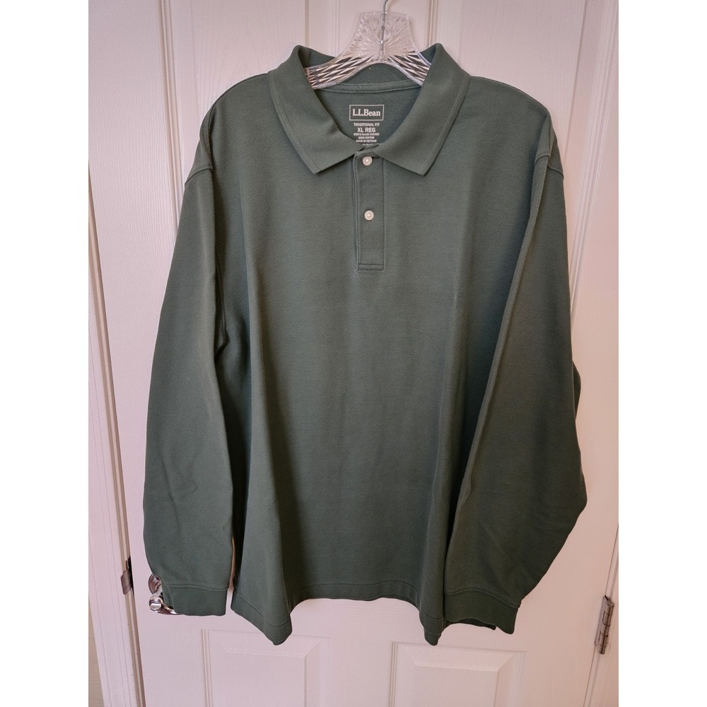 LL Bean Traditional Fit Men's Green Long Sleeve Golf Polo Pullover, Sz. XL